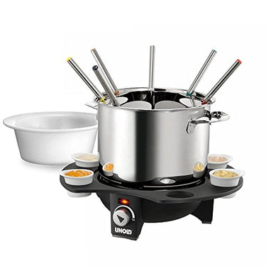 UNOLD 48645 Fondue-Elegance - Elektro-Fondue-Set, Wechseltopf (Edelstahl/Keramik), für 8 Personen, für Fleischfondue mit Öl/Bouillon und Schokoladen- oder Käsefondue im Sale